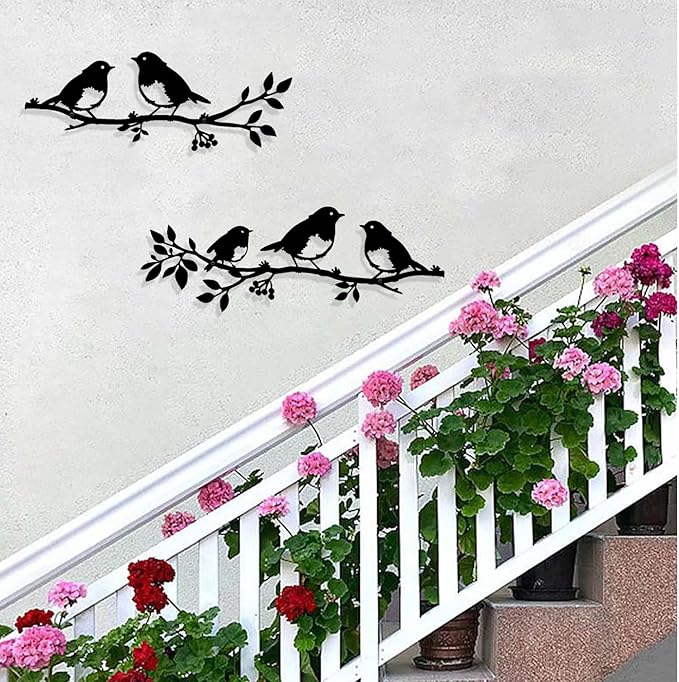 Harikikochuu 2 Pcs Metal Birds Wall Art Decor Robin Bird on the Branch Silhouette Art Metal Decorative Birds Hanging Wall Sculpture for Outdoor Balcony Garden Porch Décor(Black)