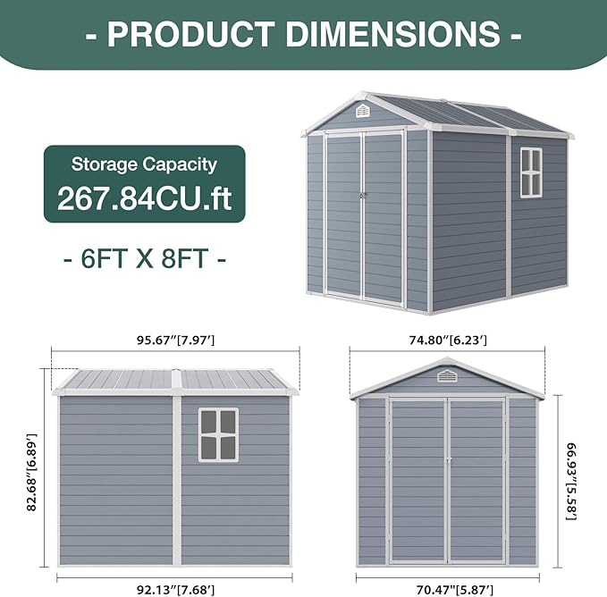 6 X 8FT Storage Shed Plastic Outdoor Storage Shed Waterproof Outdoor Shed with Lockable Door and Transparent Window for Garden, Lawn, Backyard