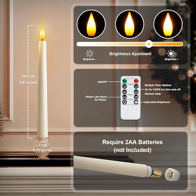 6 Pcs Flameless Taper Candles with Remote, Timer, Plastic Battery Operated Window Candles, 9.6 Inches Ivory LED Candlesticks, for Halloween Christmas Home Decoration