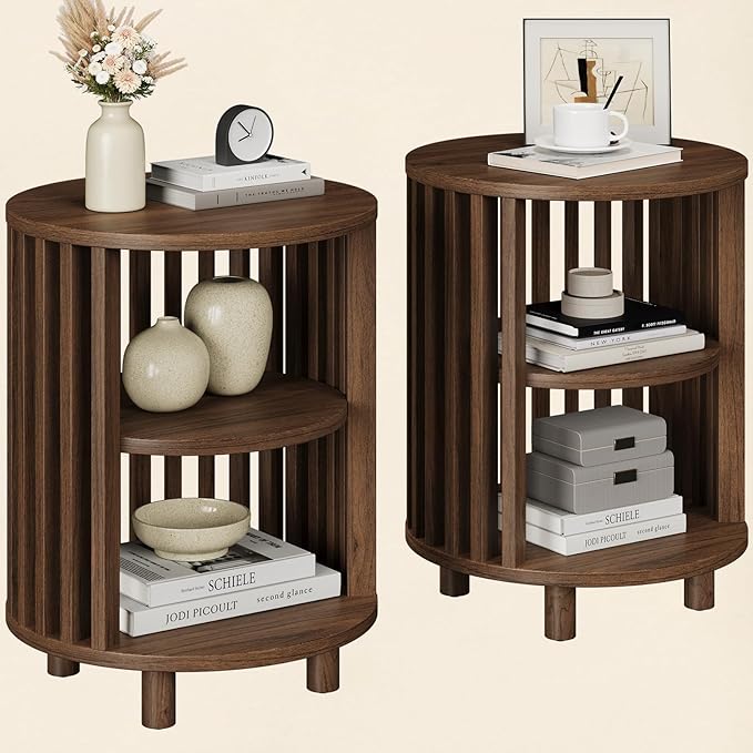 Round End Table, Wood Bedside Table, Mid Century Modern Nightstand with Open Storage Shelf, 3 Tier Small Side Tables for Living Room, Bedroom, Curved Profile Design, Walnut(2-Pack)