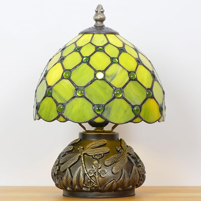 Small Tiffany Lamp Mini Stained Glass Table Lamp Green Yellow Pearl Style Mushroom Accent Lamp 8X11 Inch
