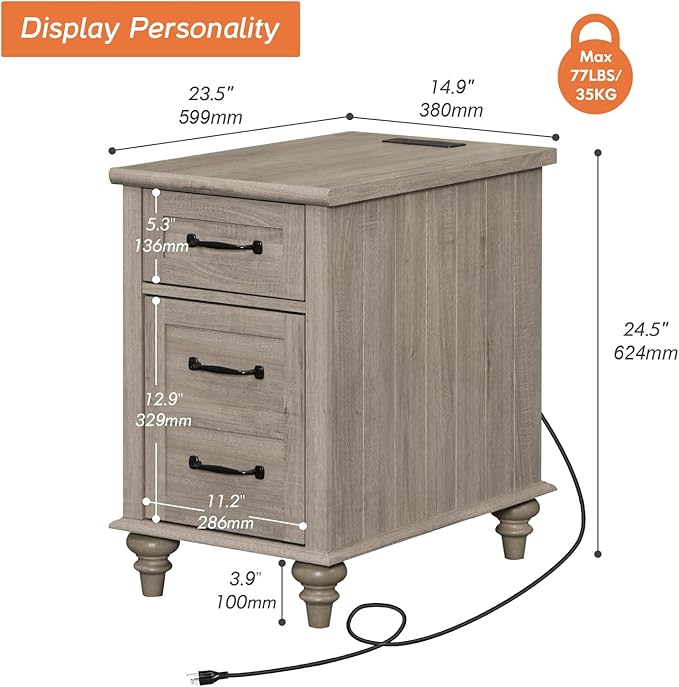 WAMPAT Gray End Table with Charging Station, Wooden Side Table with 1 Drawer &1 Storage Cabinet, Mid Century Modern Nightstand with Power Outlets & USB Ports for Living Room, Bedroom