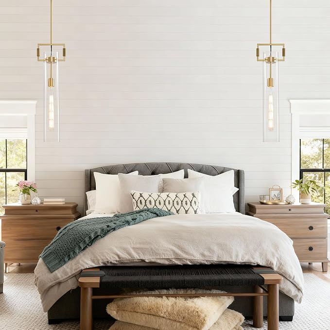 Modern Gold Glass Pendant Light: Knurled Brass Pendant Lights Kitchen Island - Contemporary Hanging Light Fixtures with Cylinder Long Tube - Dimmable Pendants Lighting Fixture over Table for Bedroom