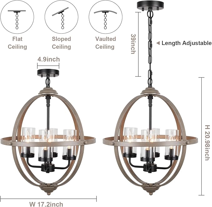 Farmhouse Chandelier, 17" Industrial Rustic Globe Sphere Orb Chandelier Wood Grain, 4-Light for Dining Room Entryway Kitchen Island Foyer