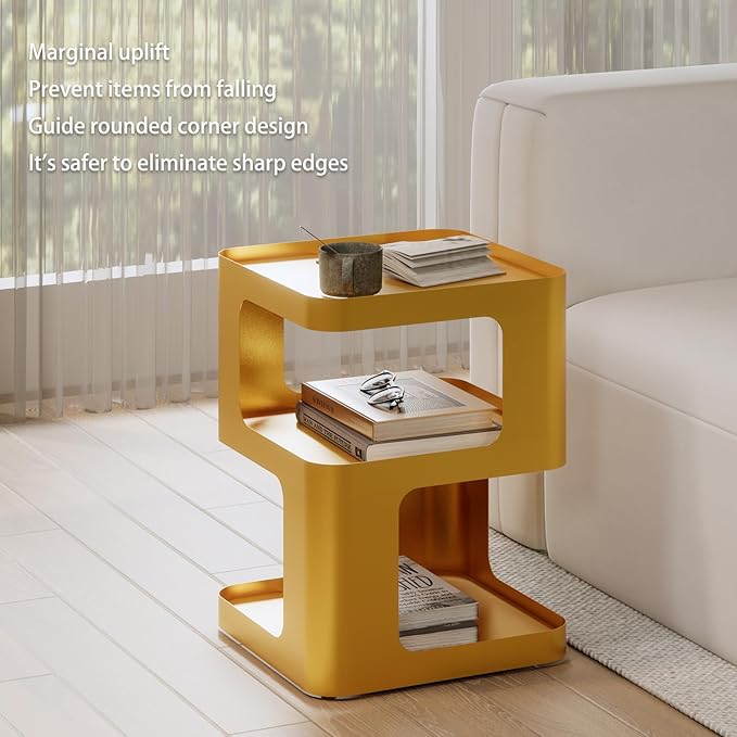 Gold Side Table,Modern end Table with Storage,Unique nightstand,Metal Bedside Tables,Accent Table for Living Room,Bedroom,Couch.no Assembly Required