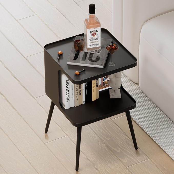 Metal Side Table,Modern end Table,Small nightstand,Bedside Table with Open Storage Shelf for Living Room Bedroom Small Space (Black)