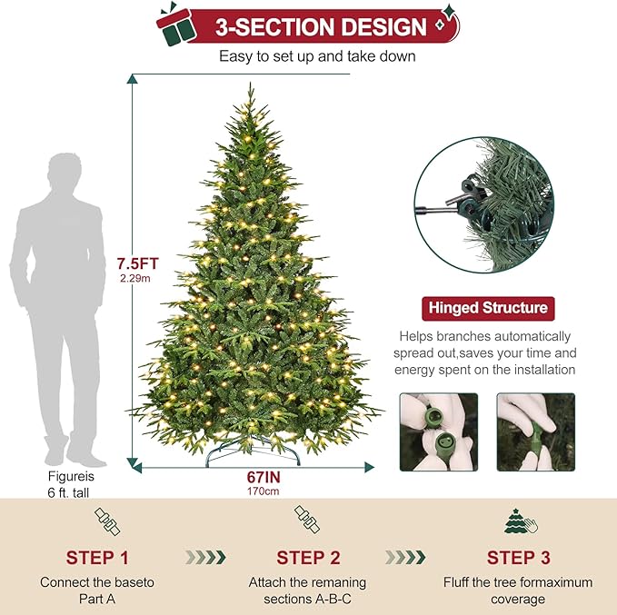 Prelit Artificial Hinged Christmas Tree with Pre-lit 350 Warm White Lights 7.5FT Holiday Tree for Xmas Decoration Metal Hinges, Foldable Base
