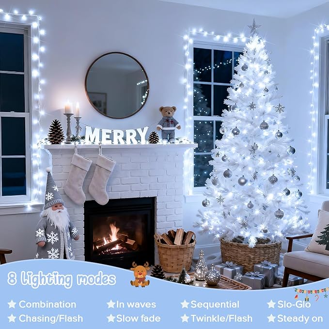 JMEXSUSS 2 Pack 100 LED White Christmas Lights Indoor, 33ft 8 Modes White String Lights Indoor Outdoor Connectable, Clear Wire Christmas String Lights for Bedroom Tree Xmas House Party Decorations