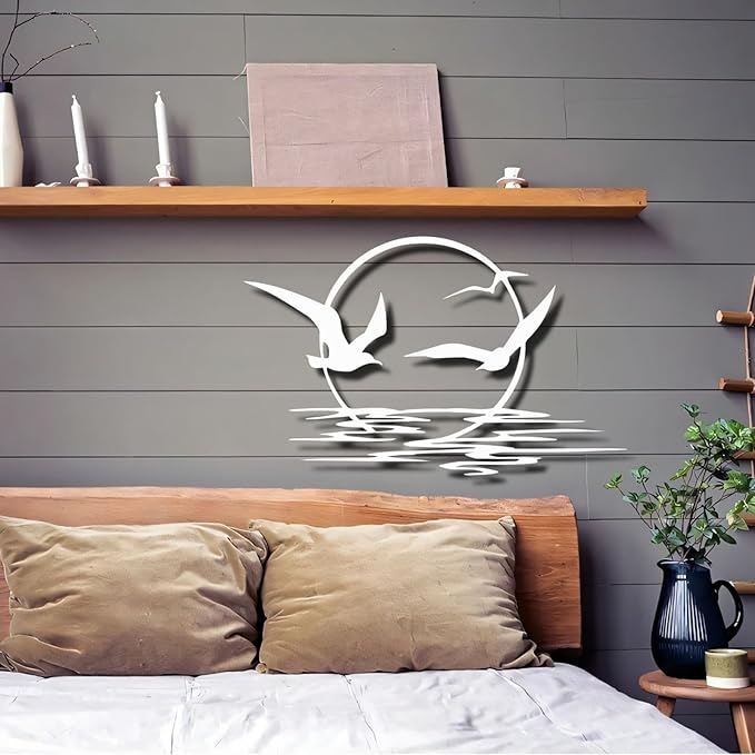 Sunrise and Birds Metal Wall Art,Seagulls Metal Wall Decor,Home Decor, Housewarming Gift (69"x42"/175x108cm, Silver)