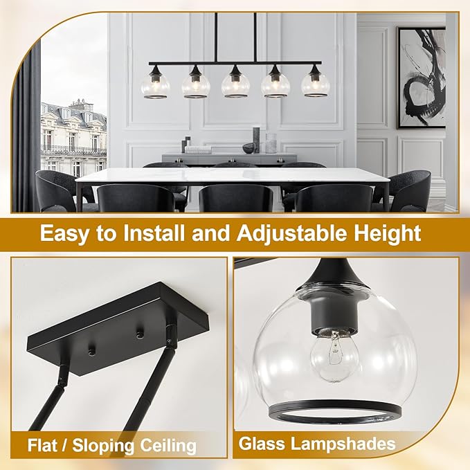 5 Light Round Linear Chandelier Black Modern Glass Hanging Light Minimalist Clear Kitchen Chandeliers Hight Adjustable for Dining Room Island Living Room (Black)