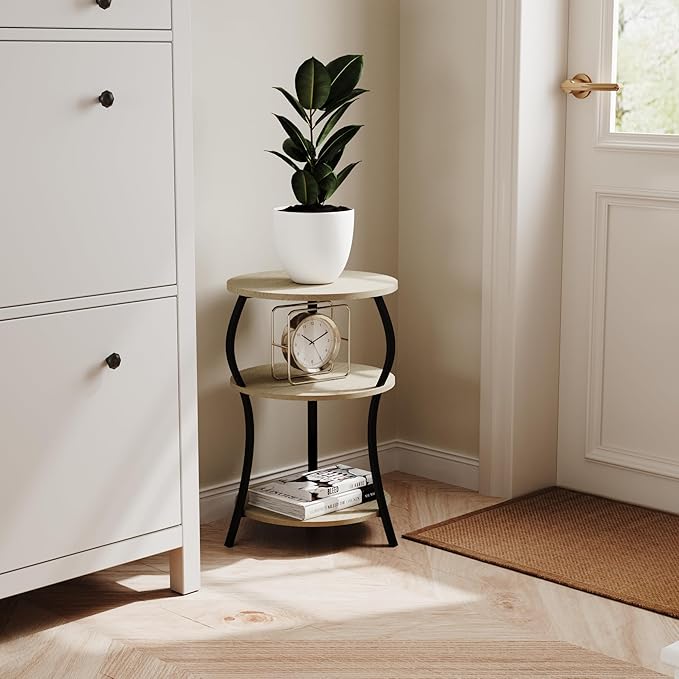 Round Side Table, 3-Tier End Table with Storage Shelf for Narrow and Small Spaces, Round Sofa Table Vintage Corner Tables for Living Room,Bedroom Nightstand/Oak