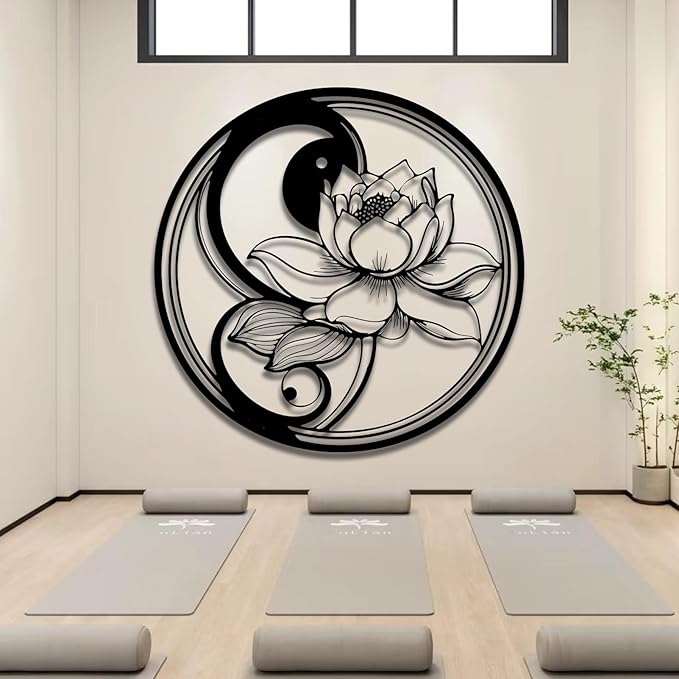 Yin Yang Lotus Flower Metal Wall Art, Metal Lotus Flower Wall Decor, Yin Yang Metal Wall Art, Yoga Sign Wall Art, Metal Wall Art for Living Room, Bedroom, Yoga Studio (Silver, 24"x23"/60x59cm, metal wall art)