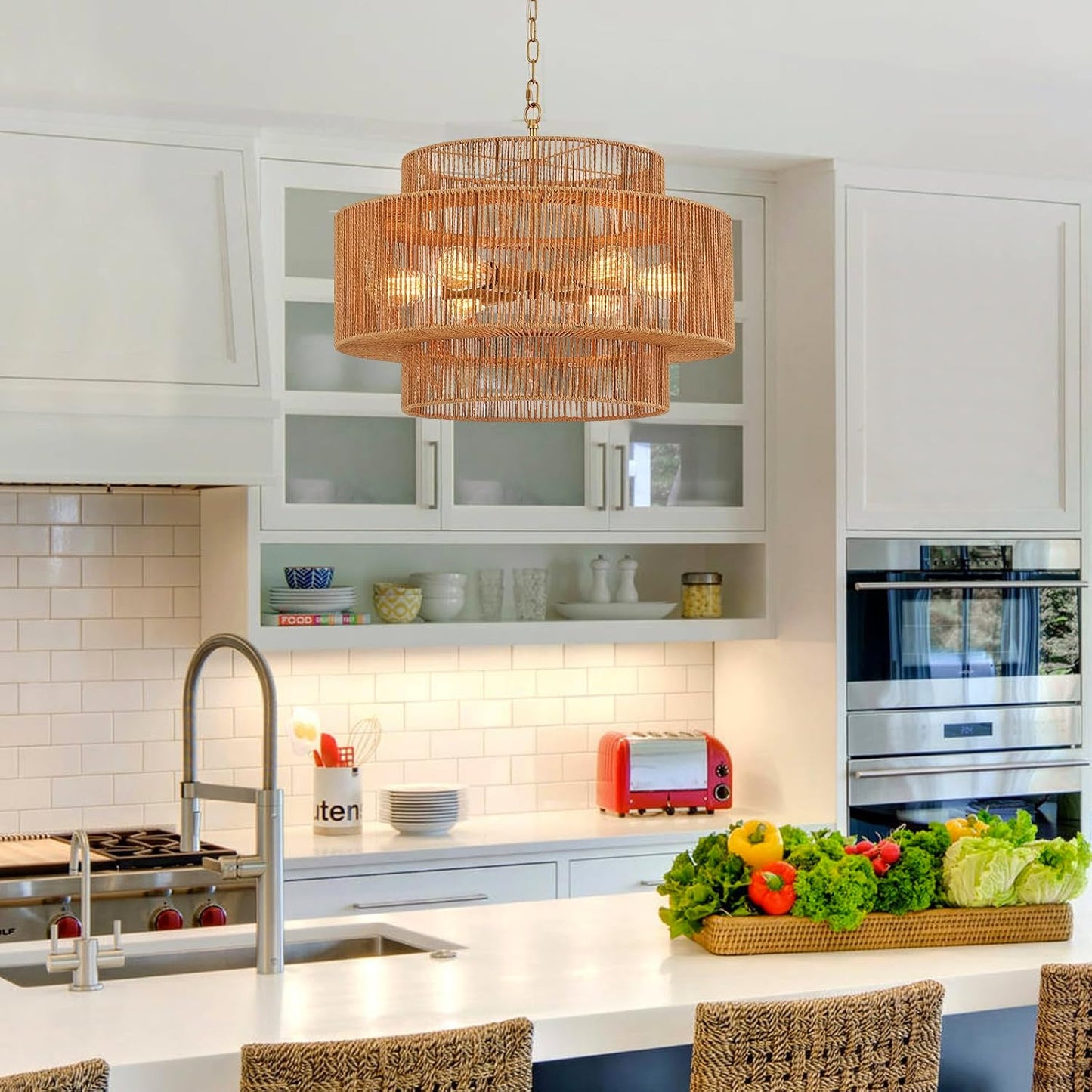 23.6" Rattan Chandelier Light Fixture Vintage 6-Lights Boho Hand-Woven Bamboo Chandeliers Retro Farmhouse 3-Tier Drum Wicker Rattan Golden Chandelier for Dining Room, Kitchen, Living Room