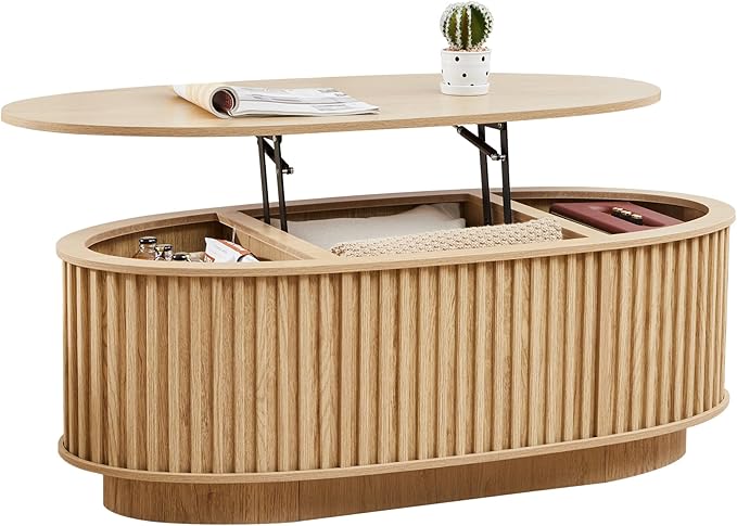 43.3'' Fluted Coffee Table with Hidden Storage Compartment, Mid Century Modern Oval Lift Top Coffee Table, Wooden Center Table Converts to Dining Tables for Living Room, Apartment (Natural)
