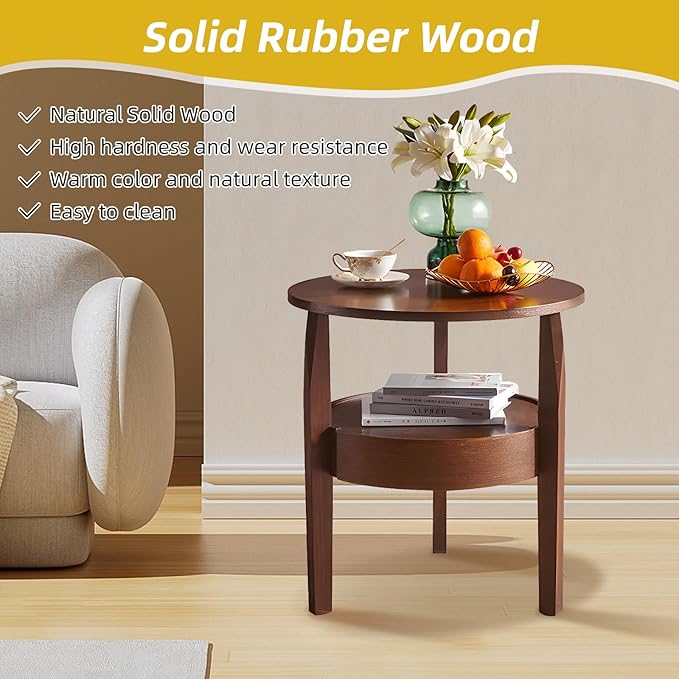 Round Coffee Table with Storage and Hidden Drawer - 20" D x 20" H Natural Wood Side Table with Sliding Drawer, Small Coffee Table for Living Room, Round Nightstand with Drawer, Dark Brown