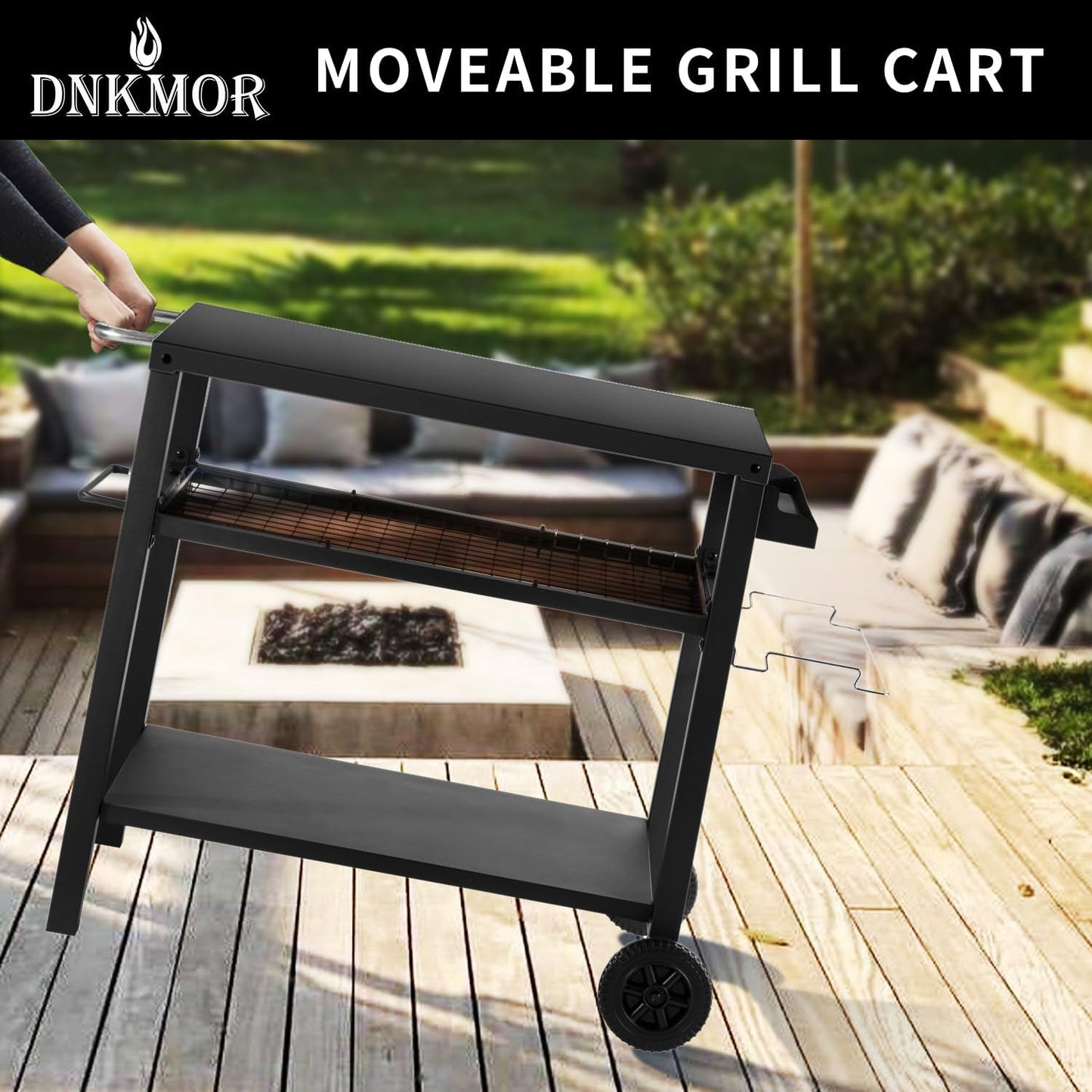 Dining Cart Table with Three Shelf, Movable Outdoor BBQ Grill Pizza Oven Stand with Three Hooks, Kitchen Cart Island Multifunctional Food Prep Table for Inside and Outside (Black)
