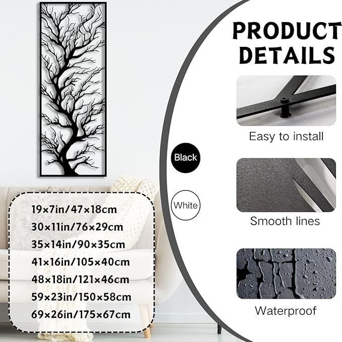 ENJOYOO Metal Wall Art Tree, Metal Tree Branch Wall Deco for Living Room, Garden, Outdoor (Black, 69×26in/175×67cm, metal wall art)