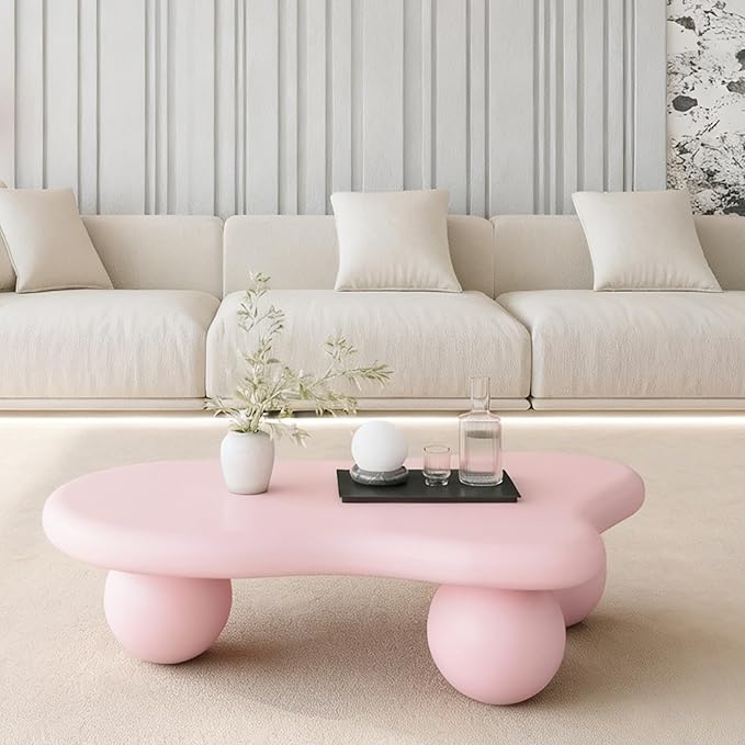 40” Cloud Coffee Table with 3 Ball Legs, Modern Lrregular Center Table for Living Room, Low Cute Small MDF Tea Table for Bedroom, Space Apartment-Pink