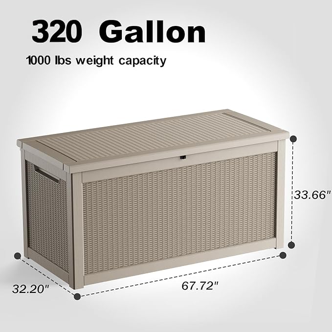 320 Gallon Outdoor Storage Box Waterproof - Outside Resin Deck Box, Lockable Storage Bin for Patio Furniture,Garden Tools,Cushions,Pool Accessories(Grey)
