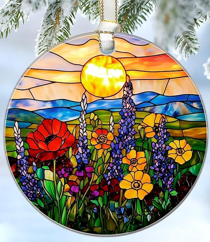 Wildflower Christmas Ornaments 2025, Stained Glass Christmas Tree Decorations, Exchange for Women, Men, Collectible Dated Year Ornaments for Tree - Glass Hanging Ornament