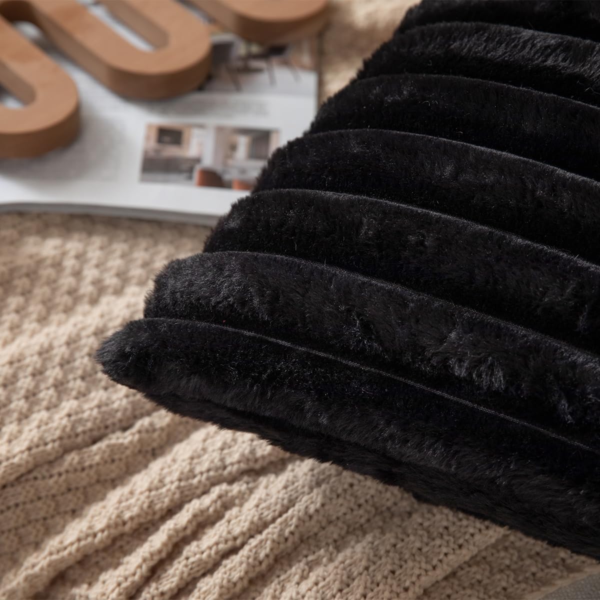 DEELAND Pack of 2,Double-Sided Faux Fur Plush Decorative Throw Pillow Covers Fuzzy Striped Soft Pillowcase Cushion Covers for Sofa Couch Bedroom Black 20x20 inch
