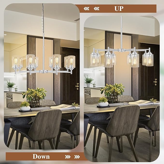 33.5'' 8-Light Chandelier for Dining Room Kitchen Island, Modern Farmhouse Pendant Lighting with Glass Shades Industrial Brushed Nickel Hanging Ceiling Light Fixture for Living Room, Height Adjustable