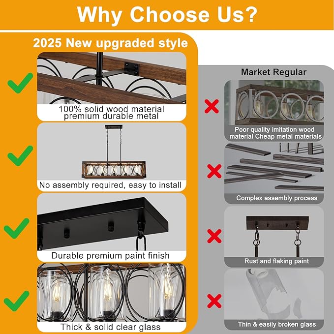 35.5" Dining Room Light Fixture/Chandelier Over Table, 5-Light Rustic Wood Kitchen Island Lighting with Clear Glass Shade Farmhouse Hanging Pendant Lights Fixtures for Kitchen Island Dining Room‌ Bar