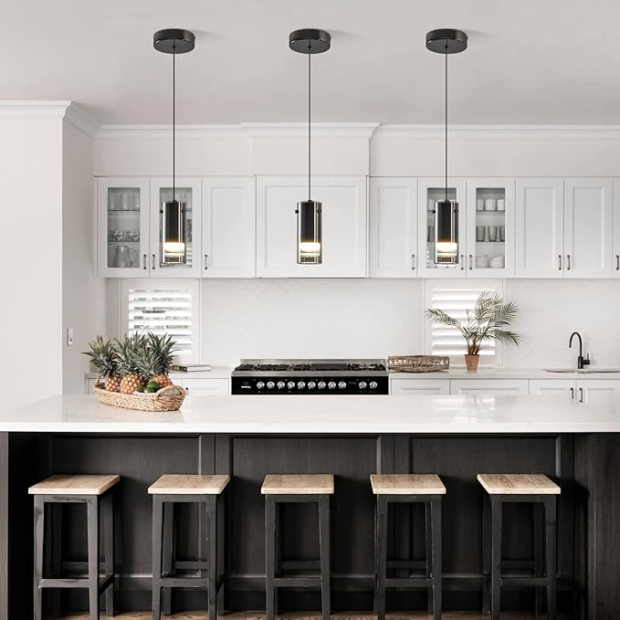 Black Pendant Light Fixtures, Adjustable Modern LED Smoky Gray Glass Pendant Lights for Kitchen Island, Single Hanging Pendant Lighting for Dining Table Hallway Bedroom Living Room(2-Pack)