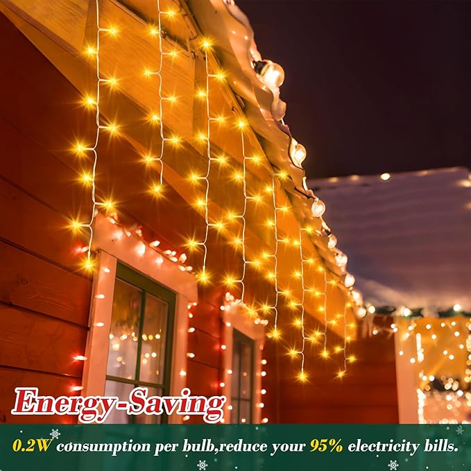 XURISEN 132ft Christmas Lights Decorations Outdoor, 1280 LED 8 Modes Fairy Lights with 240 Drops,Plug in Waterproof Timer Memory Function for Christmas Holiday Wedding Party Decorations(Warm White)