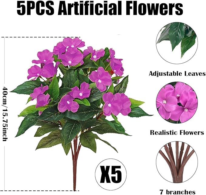 5PCS Artificial Impatiens Bouquet Flowers for Outdoors Silk Faux Flowers for Outdoor Fake Planters UV Resistant Spring Summer Indoor Decor Garden Porch Patio Window Kitchen Balcony, Purple