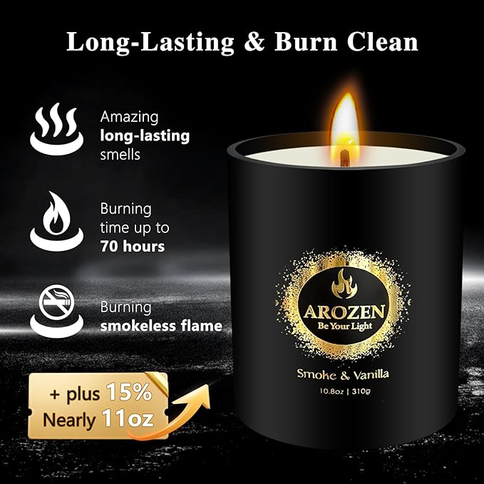 Premium Smoke & Vanilla Candles | Black Christmas Scented Candles for Men, Candle for Home Scented | 70-Hour Long Lasting Soy Holiday Candle for Him, 10.8oz, Aromatherapy at Home, Gifts for Men