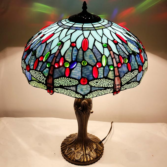 WERFACTORY Tiffany Style Table Lamp Blue Stained Glass Dragonfly Bedside Desk Reading Light Metal Base 16X16X24 Inches Decor Bedroom Living Room Home Office S004 Series