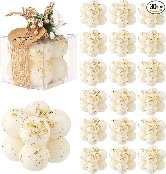 MTLEE 30 Sets Mini Bubble Candles Wedding Favors Gifts for Guests 1.57" x 1.38" Bubble Candles with Cards Dried Flowers DIY Gift Set for Baptism Party Bridal Shower Thank You Gifts (Gold Foil)