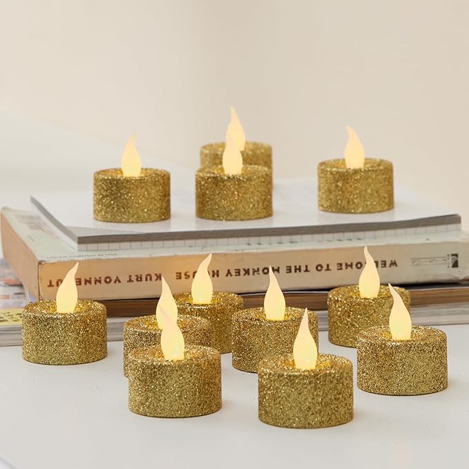 FURORA LIGHTING Gold Glitter LED Tealight Candles Pack of 12, Flameless Flickering Tealight Candles for Home Décor, 1.5’’(W) x 1.65’’(H), Battery Operated