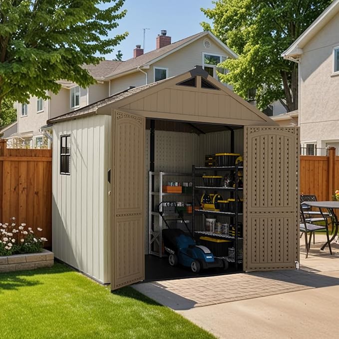 Patiowell 8 x 6 FT Plastic Outdoor Storage Shed with Floor, Resin Shed with Window and Lockable Door for Garden, Backyard, Tool Storage Use, Easy to Install in Brown (Kick-it Shed)