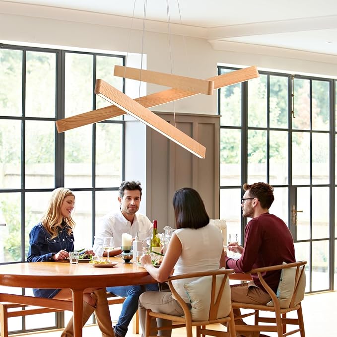 3-Light Solid Wood Natural Linear Pendant Light Modern LED Pendant Light Dimmable Chandelier for Dining Room Table Kitchen Island Living Room Ceiling - 45W Warm Light Adjustable Hanging Fixture