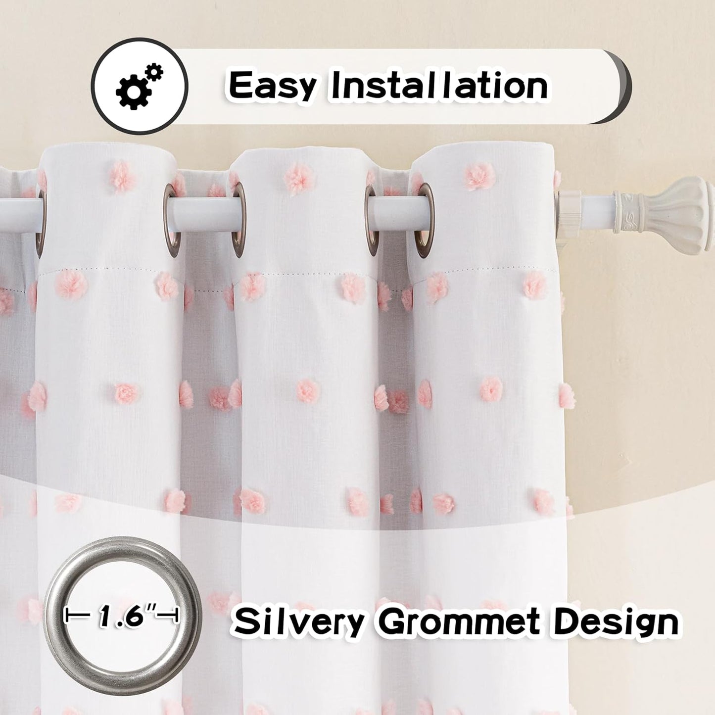 MYSKY HOME Total Blackout Curtains for Living Room 108 Inch Long 100% Light Blocking Curtains for Bedroom 2 Panels Set Privacy Protect Grommet 2 Layered Drapes with Pink Pom Pom Sheer 52W x 108L