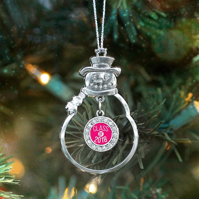 Inspired Silver - Fuchsia Class of 2018 - Silver Christmas Ornament - Circle Charm Christmas Tree Ornament with Cubic Zirconia - Snowman Hanging Decoration