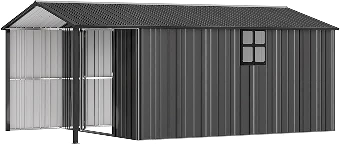 AMERLIFE 10x16.6x7.3 FT Outdoor Storage Shed with Lounge Area, Metal Garden Shed with Sliding Doors, 2 4-Pane Windows & 4 Vents, Heavy-Duty Weather-Resistant Steel for Garden & Backyard, Dark Gray