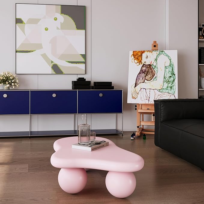 47.2" Cloud Coffee Table with 3 Ball Legs, Modern Lrregular Center Table for Living Room, Low Cute Small MDF Tea Table for Bedroom, Space Apartment-Pink