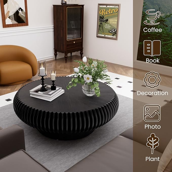 31.5" Drum Coffee Table Modern Unique Fluted Tea Table Contemporary Wood Round Coffee Table with Fluted Centry Table for Living Room Walnut (31.5" Black)