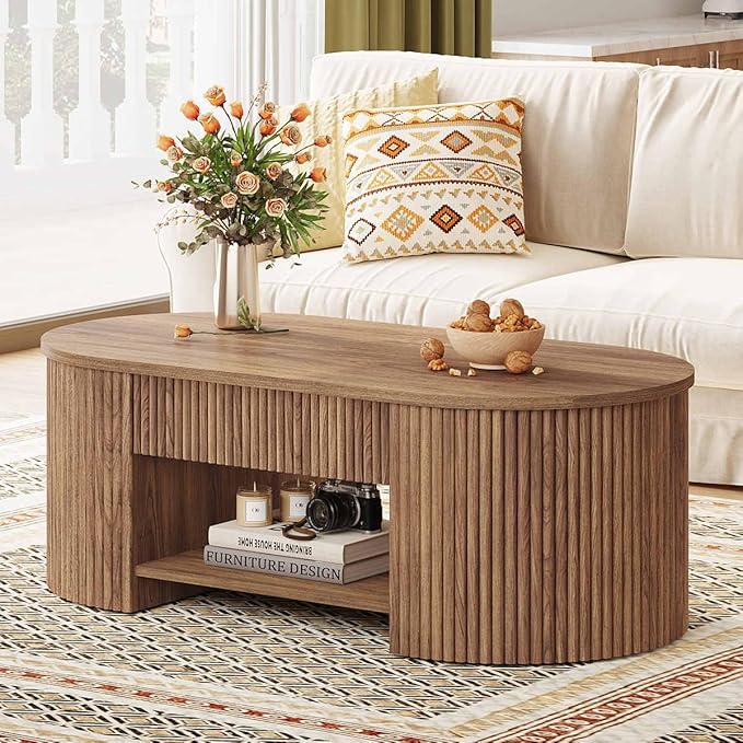 FATORRI Coffee Table for Living Room Storage, Modern Wood Center Table with Drawer, Farmhouse Oval Fluted Living Room Tables with Shelf (Walnut, 43.31 Inch)