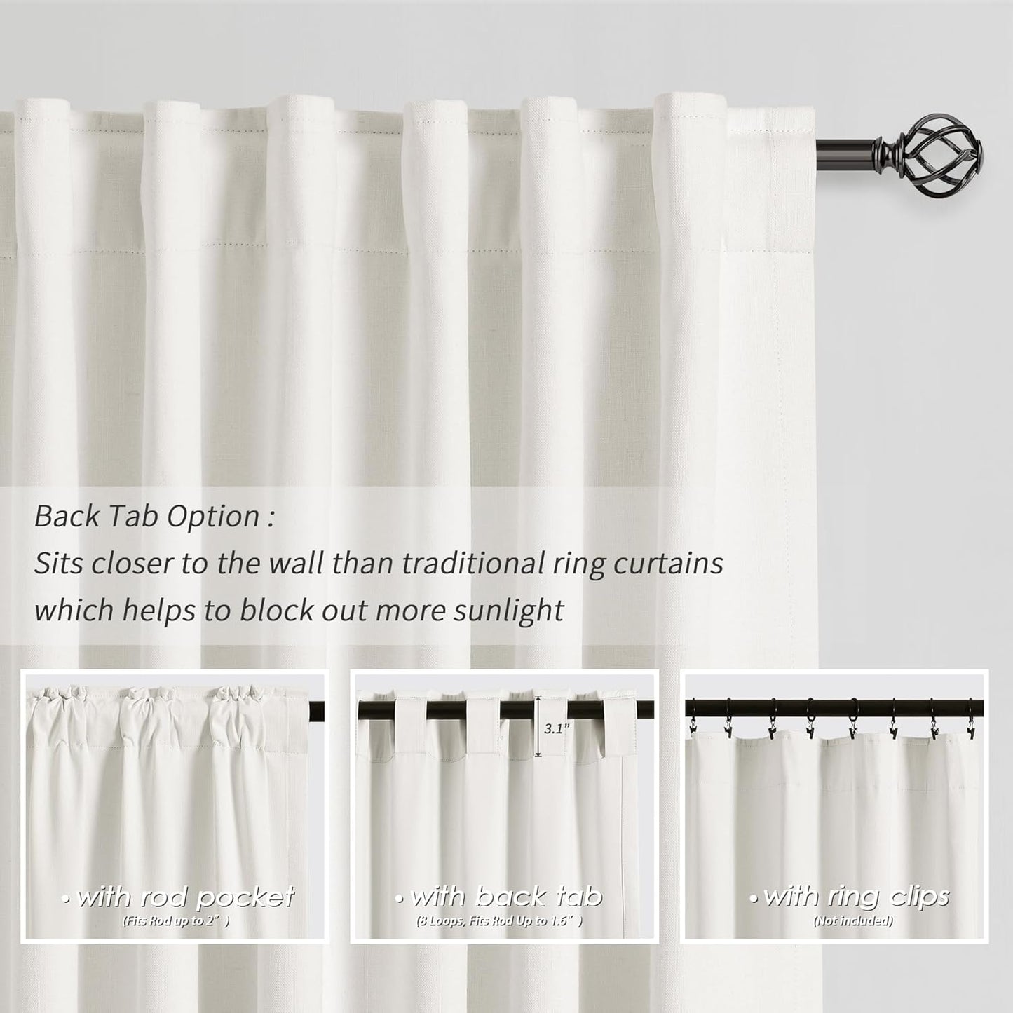 Room Darkening Curtains 96 Inches Long for Living Room Back Tab Ivory Blackout Curtains Neutral Aesthetic Linen Textured Thermal Insulated Black Out Curtain Light Blocking Drapes Off White 52x96