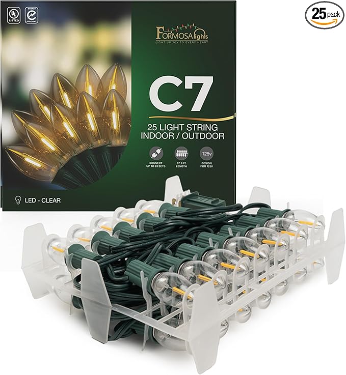 C7 26ft Indoor/Outdoor Clear LED Christmas String Lights with 25 Bulbs and E12 Base | 120V, 0.6W