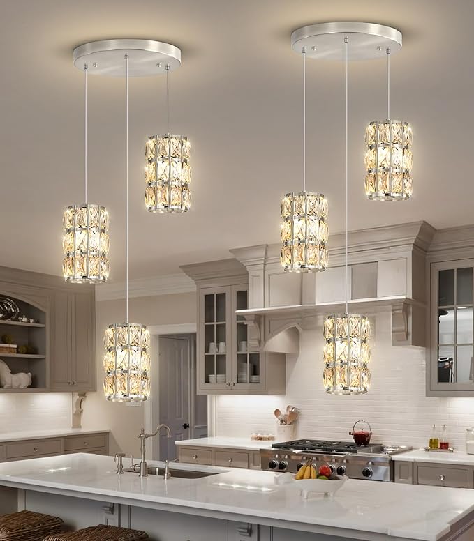3-Lights Modern Crystal Pendant Lights for Kitchen Island LED Dimmable Glam Pendant Lighting Chandelier for Dining Room Hallway Corner Lamp Nickel