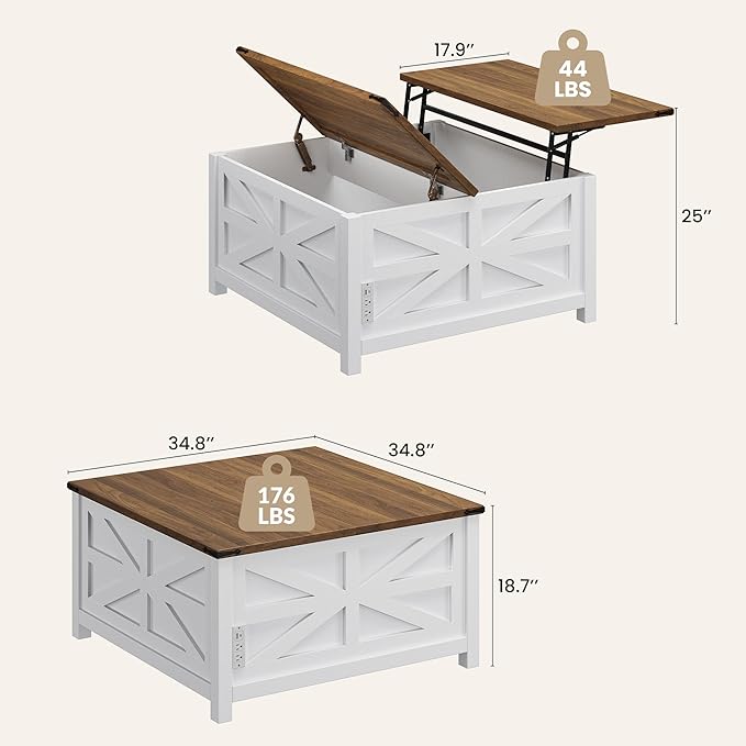 Farmhouse Coffee Table with Lift Top Storage, Square Wood Center Table, USB Charging Station,White