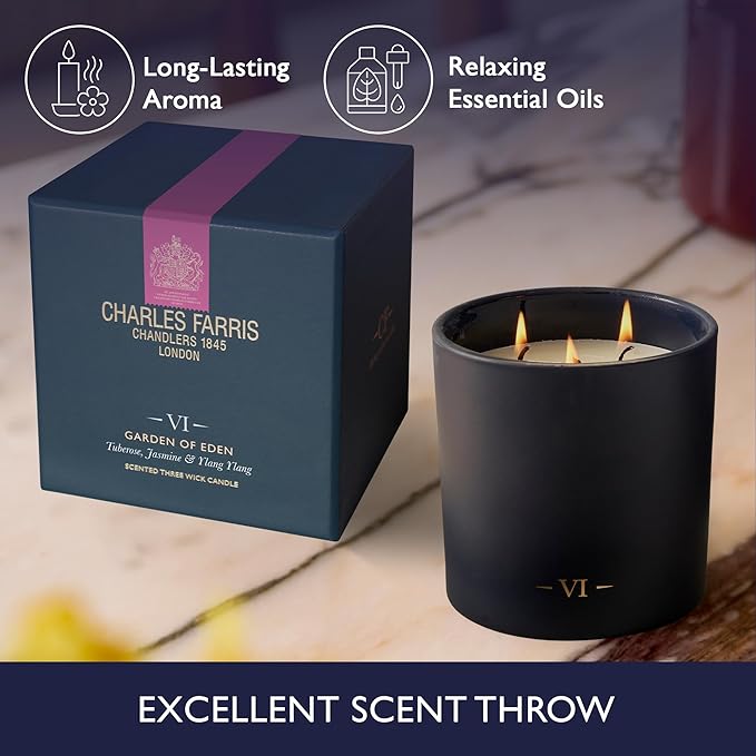 Charles Farris Luxury Scented Candle – 3 Wick, Hand-Poured, Long Lasting, Clean Burning, 640g / 22.5oz, Up to 80 Hours of Burn Time, Made in England – Tuberose, Jasmine & Ylang Ylang – Garden of Eden