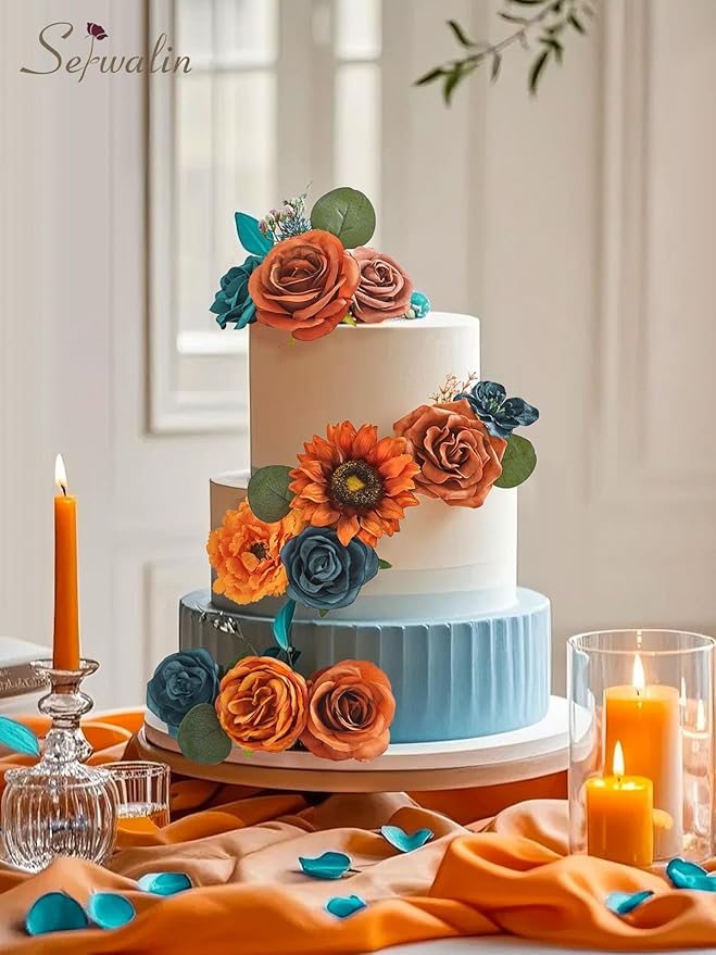 Serwalin Artificial Burnt Orange & Teal Flowers, Orange Silk Fake Flowers, Autumn Faux Sunflowers for Wedding Bouquet, Table Centerpieces, Home Decor
