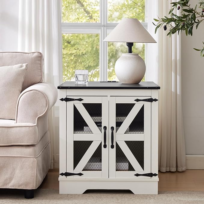 Large Farmhouse End Table with Charging Station and Mesh Barn Door, Rustic Black Wood Nightstand with Storage Shelf for Living Room & Bedroom