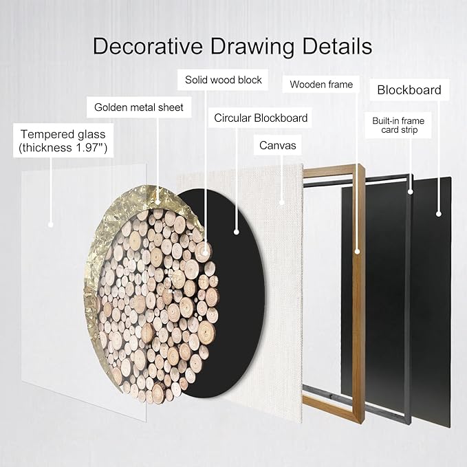 BrightA 3D Square Framed Nature Art - Gold Patina Metal Meets Circular Solid Wood Block Texture, Minimalist Contrast Wall Decor for Calming Spaces 31.5"x31.5"